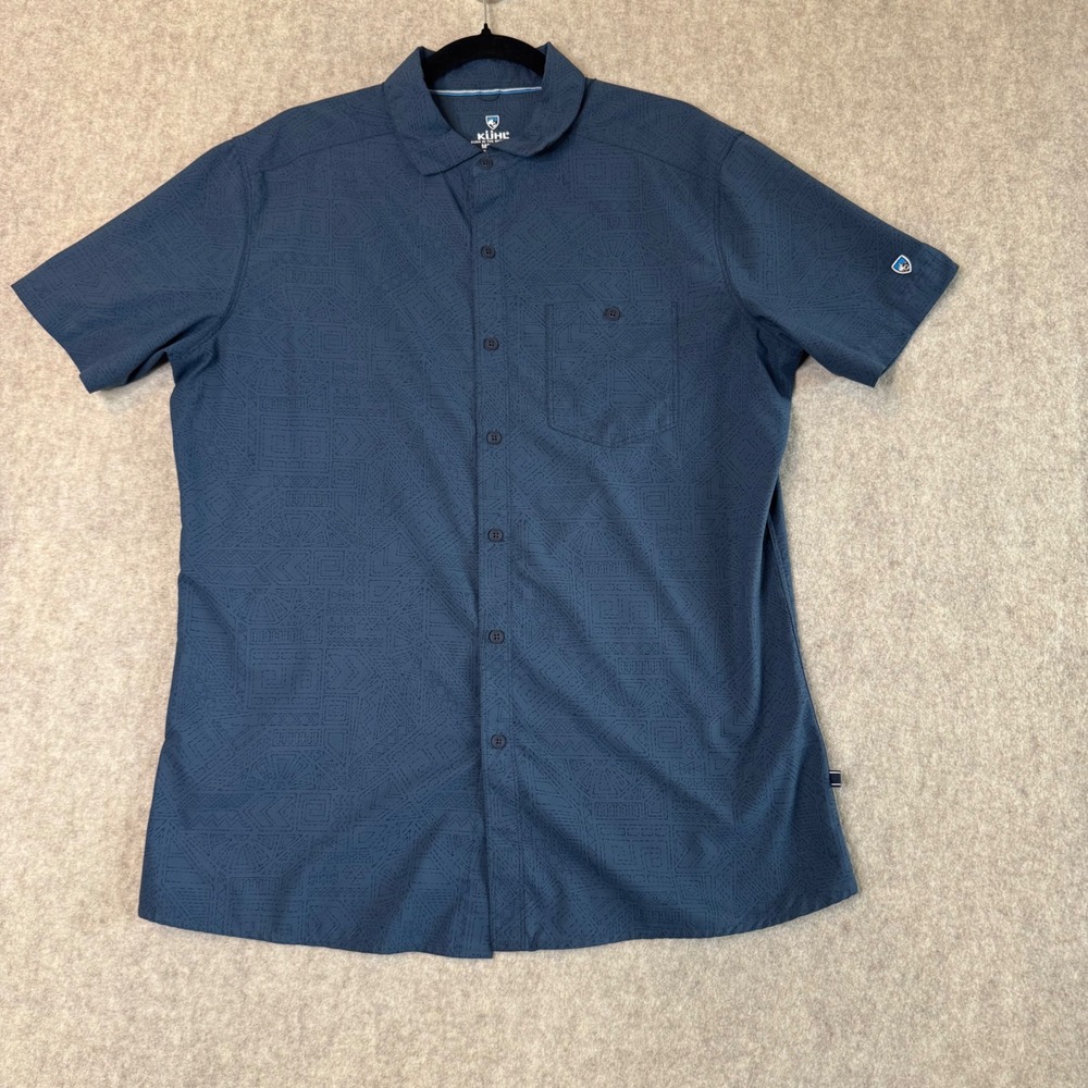 KUHL Persuadr Short Sleeve Button Down Shirt Mens M Blue Printed Hiking Outdoor